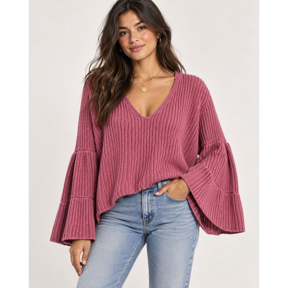 Boho Bell Sleeve V-Neck Cotton Sweater Free People Damsel Rose Pink M